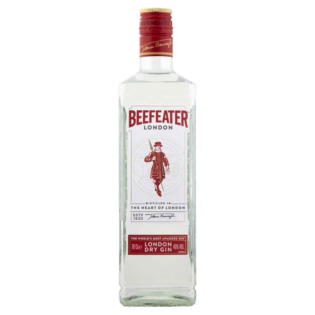 A bottle of Beefeater London Dry Gin with a red and white label featuring a Beefeater guard illustration.