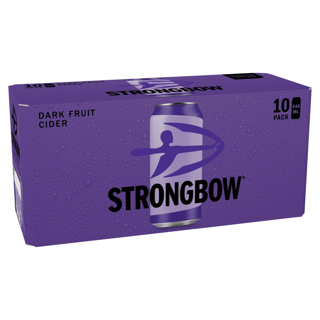 Ten 440ml cans of Strongbow Dark Fruit cider arranged in two rows, with a purple and black design featuring a berry motif.