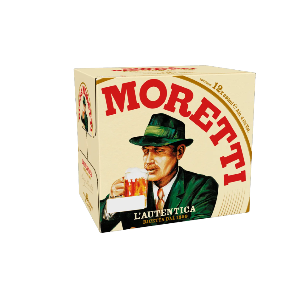 A vintage-style box of Moretti beer featuring a man in a hat holding a beer, with text about authenticity and recipes.