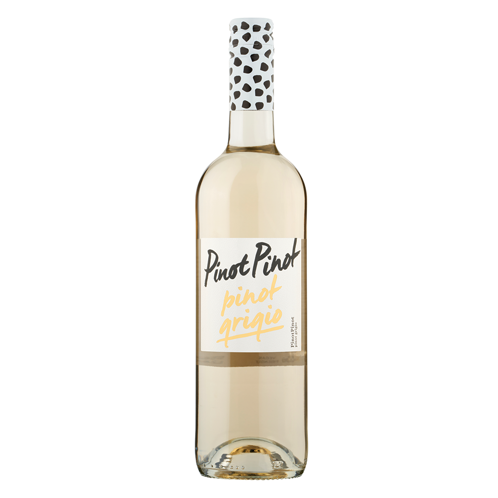 A 75cl bottle of Pinot Pinot Pinot Grigio wine with a white label and gold accents, featuring a screw cap.