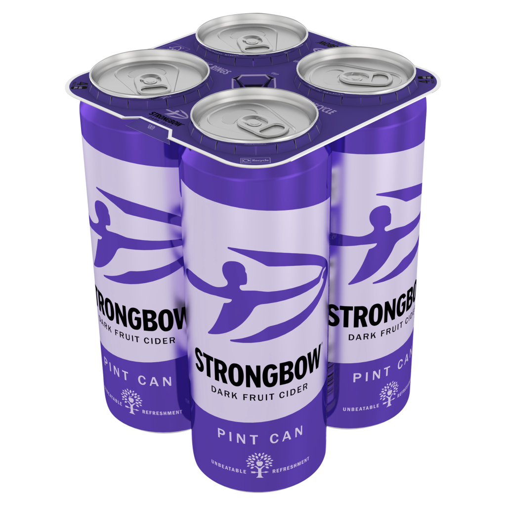 Four cans of Strongbow Dark Fruit Cider in a purple six-pack holder.