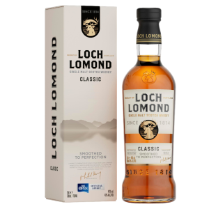 A 70cl bottle of Loch Lomond Original Single Malt Scotch Whisky with a green label and gold accents, set against a plain background.
