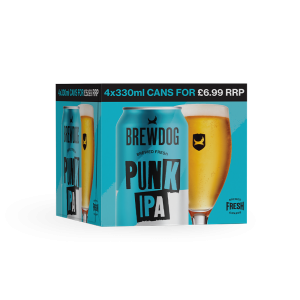 A box of BrewDog Punk IPA cans with a glass of beer, priced at £6.99 for four 330ml cans.