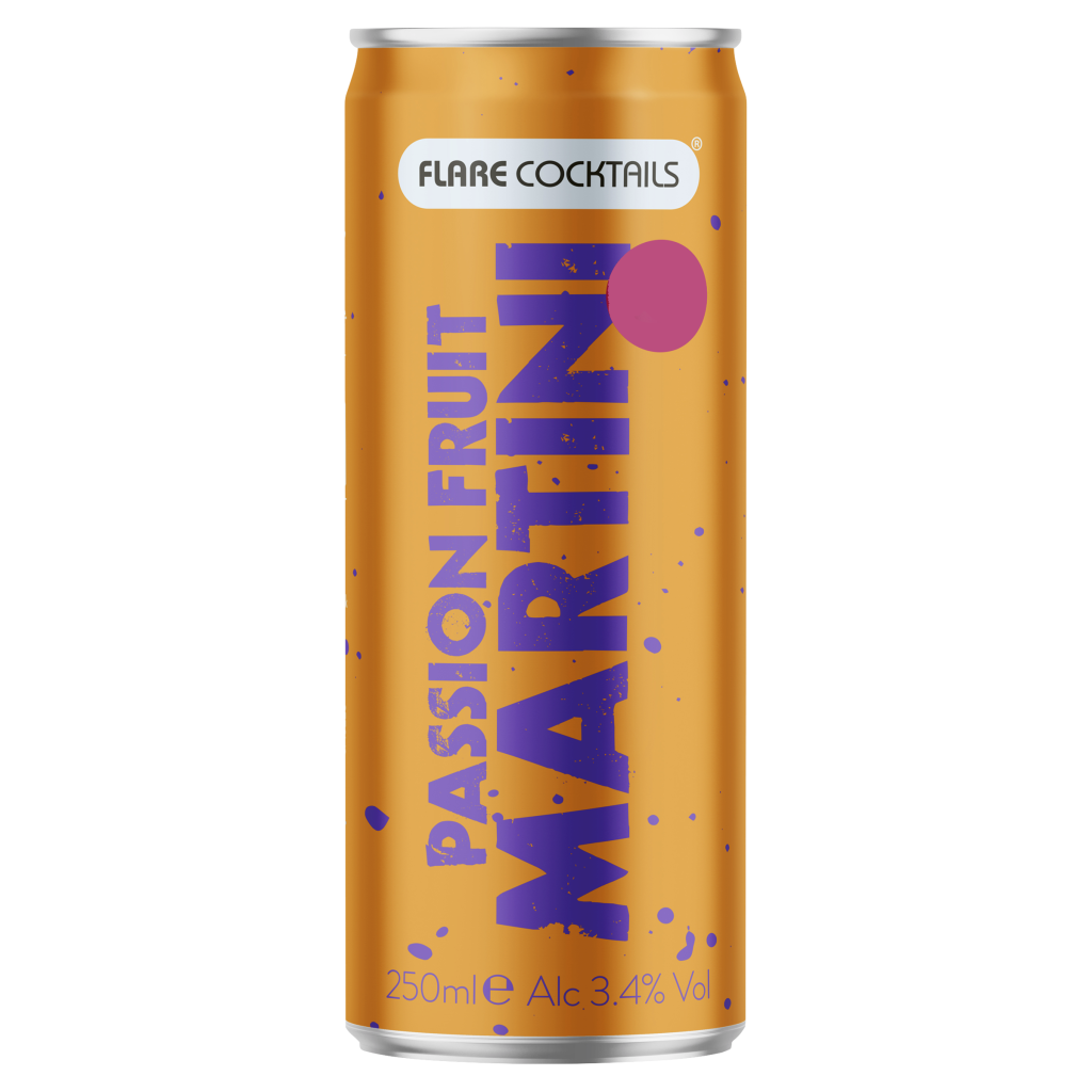 A 250ml can of Flare Passionfruit Martini with a yellow and purple design, displaying the brand logo and drink name.