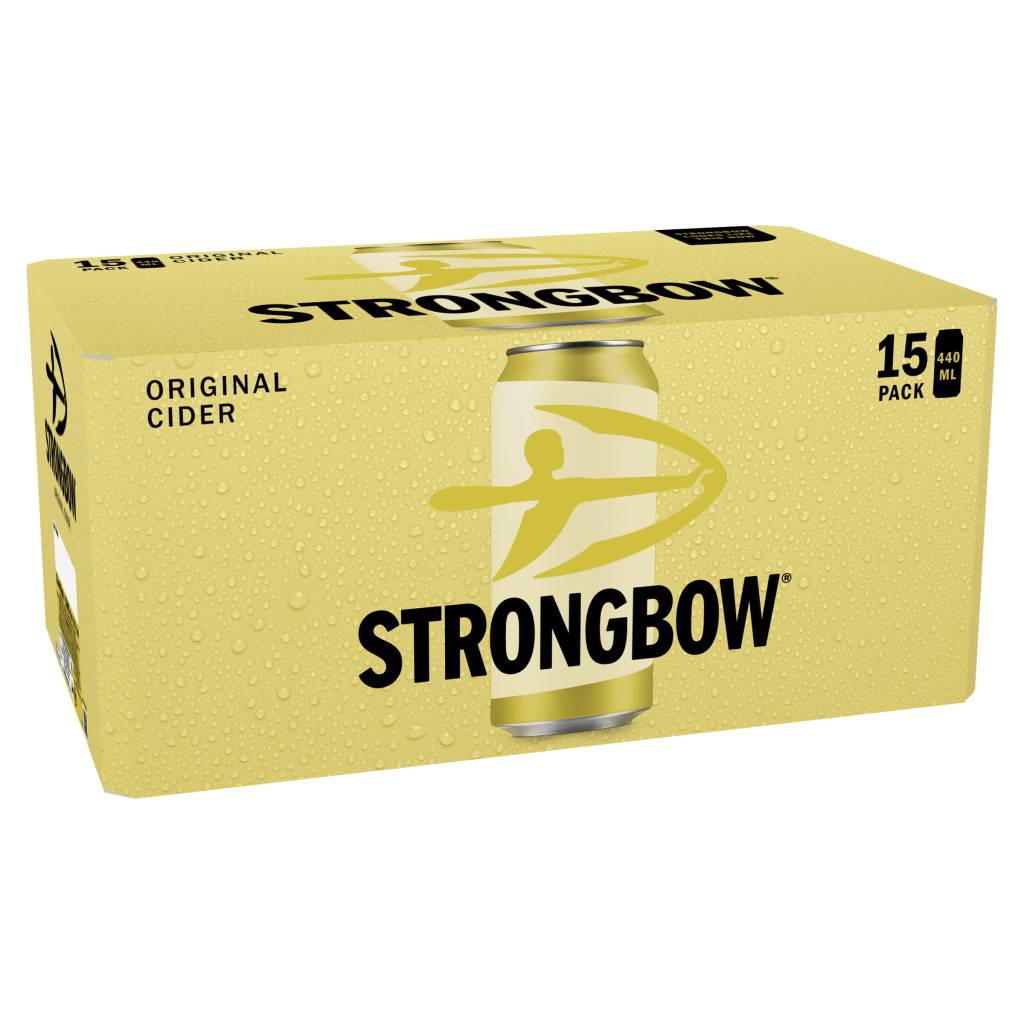 A 15-pack box of Strongbow Original Cider, featuring a yellow design with a can illustration and logo.