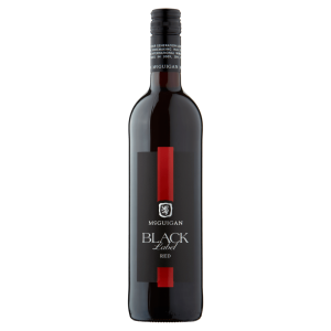 A 75cl bottle of McGuigan Black Label Red wine with a black label featuring gold text and a red capsule on the neck.