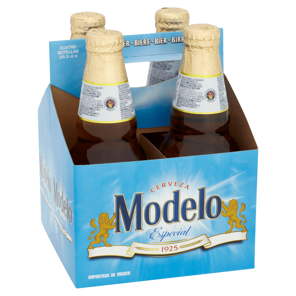 Four 355ml cans of Modelo Especial beer in a cardboard pack with blue and gold branding, featuring the Modelo logo.