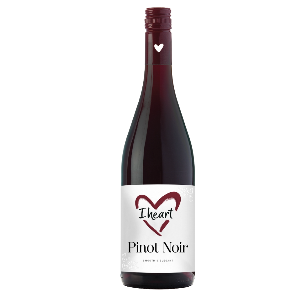 A bottle of I Heart Pinot Noir wine with a smooth and elegant design, featuring a heart logo on the label.
