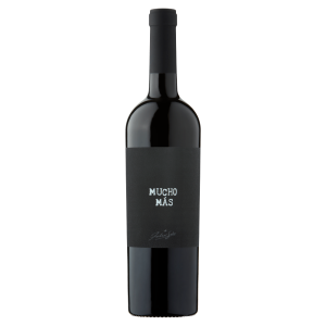 Bottle of Mucho Más white wine, 75cl, with a green screw cap and a colourful label featuring abstract geometric patterns.