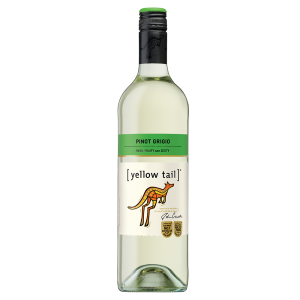 Bottle of Yellow Tail Pinot Grigio wine, 75cl, with a yellow kangaroo logo on the label and a screw cap.