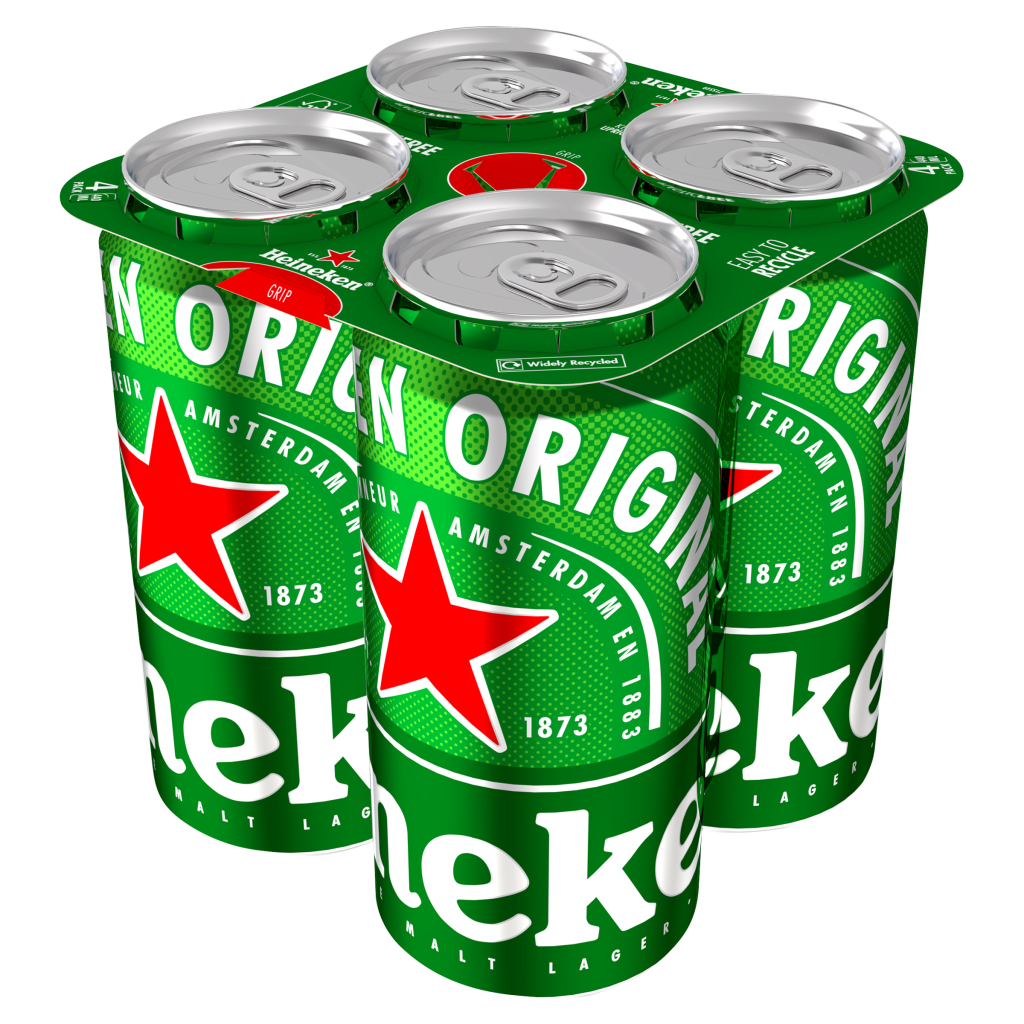 Four green 440ml Heineken beer cans in a cardboard pack, with the Heineken logo and red star visible on each can.
