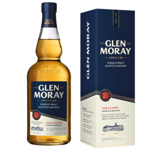 A 70cl bottle of Glen Moray single malt whisky with a blue label, gold accents, and a blue cap, placed on a white background.