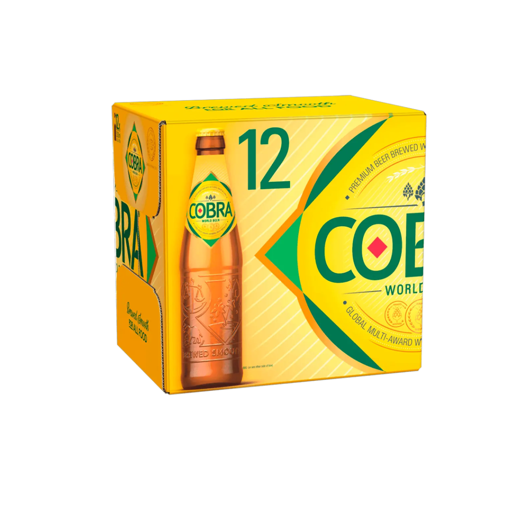 A 12-pack of Cobra beer featuring a golden box with the Cobra logo and an image of a bottle.