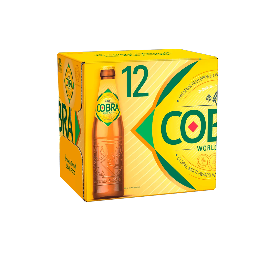 A 12-pack of Cobra beer featuring a golden box with the Cobra logo and an image of a bottle.