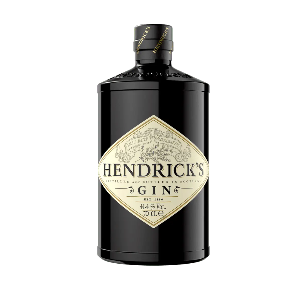 A bottle of Hendrick's Gin, featuring a black design with a gold label and a black cap, 70cl, 41.4% ABV.