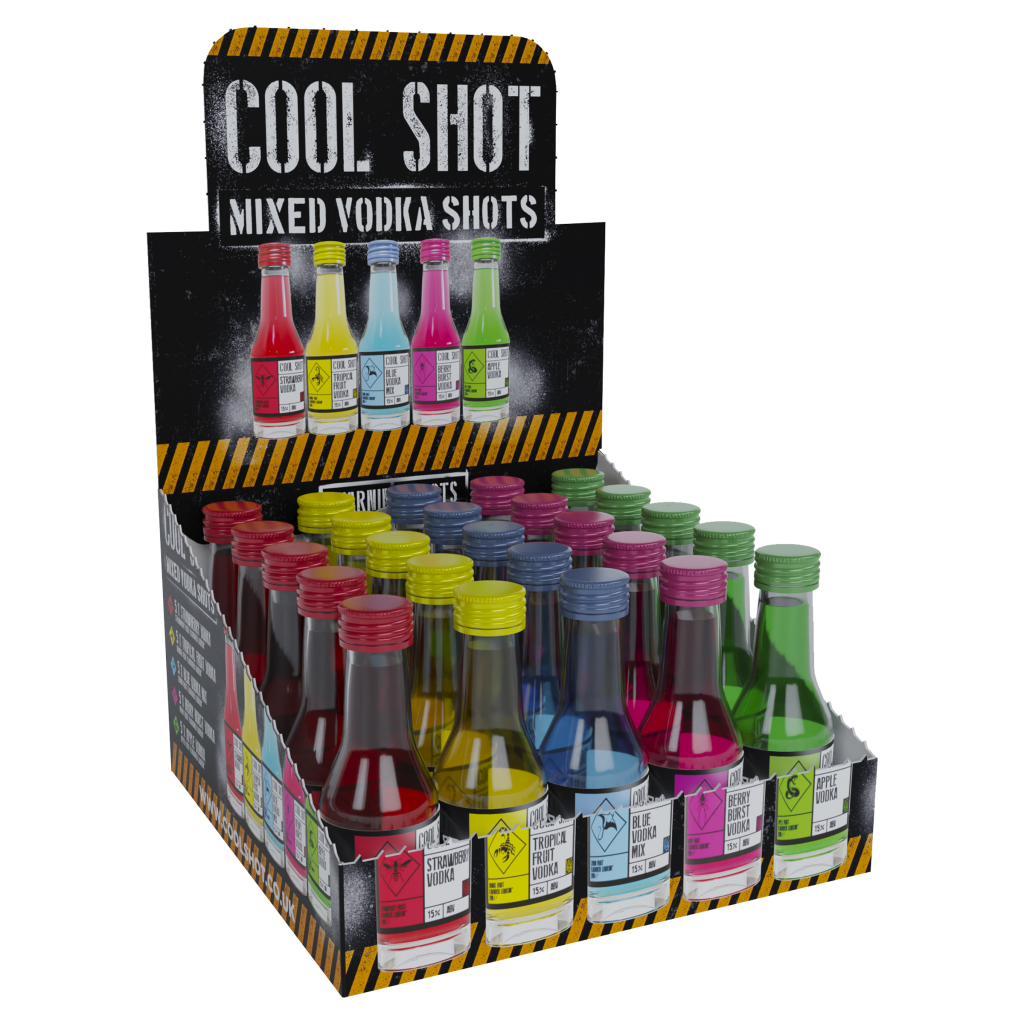 A 20cl bottle of Cool Shots Vodka with a sleek, clear glass design and a blue label displaying the brand name and logo.