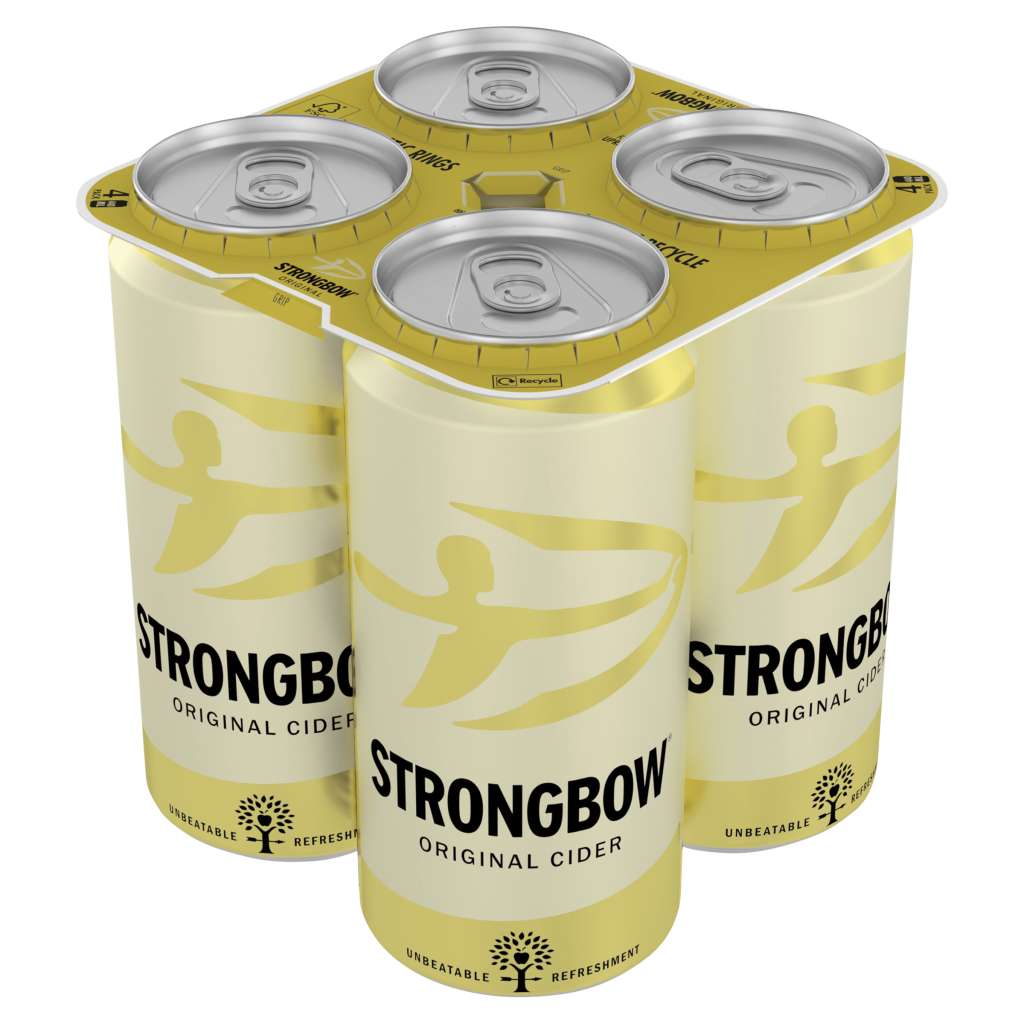 Pack of four 440ml cans of Strongbow cider, part of the chilled beer range at Bargain Booze.