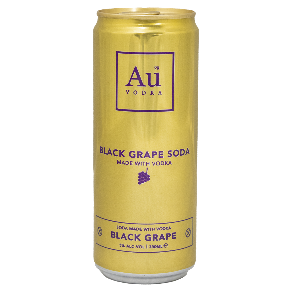 Black can of AU Black Grape sparkling drink, 330ml size, with purple grape graphics and gold AU logo on a dark background.