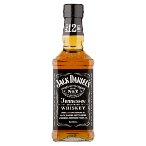 A 35cl bottle of Jack Daniel's Tennessee Whiskey with a black and white label, featuring the brand's logo and product details.