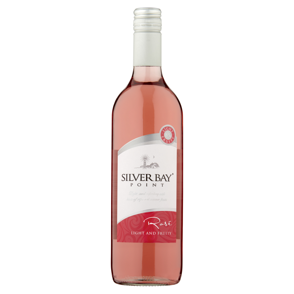 A 75cl bottle of Silver Bay Point Rosé wine with a pink label and a screw cap, set against a plain white background.