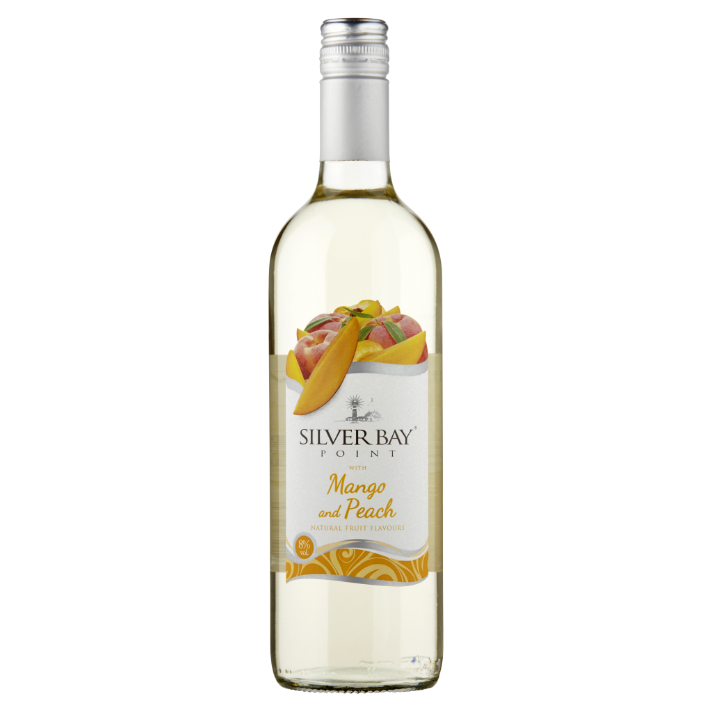 A bottle of Silver Bay Point Mango and Peach wine, 75cl, with a colourful label featuring images of mangoes and peaches.