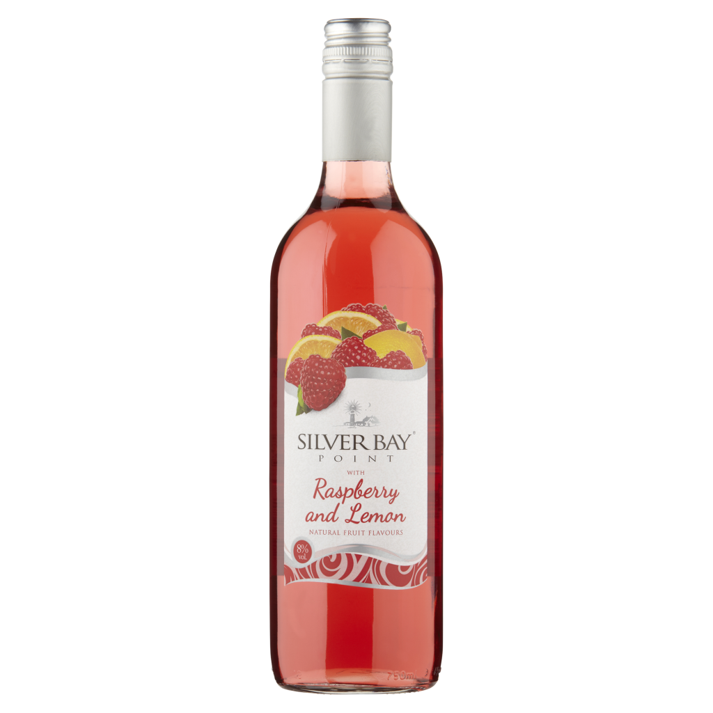 A 75cl bottle of Silver Bay Point Raspberry and Lemon wine with a bright label featuring raspberries and lemons.