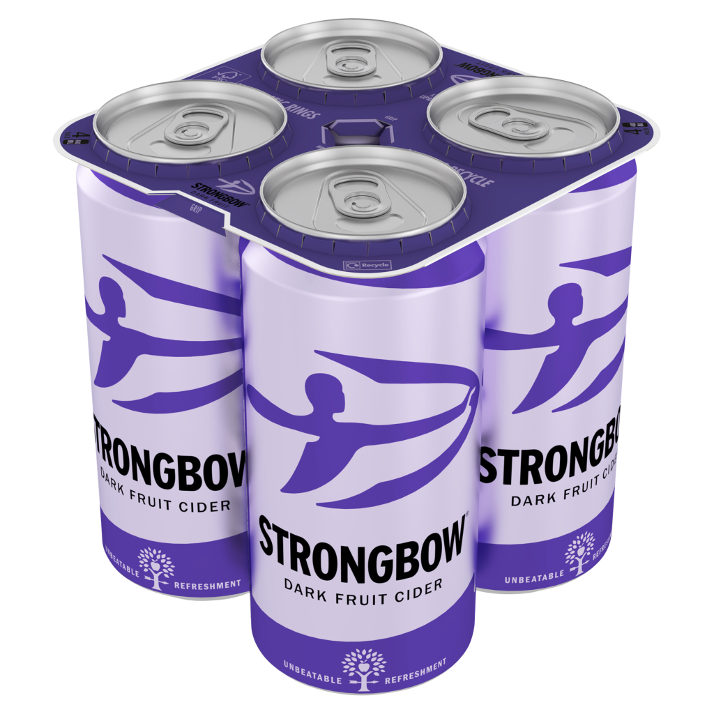Four 440ml cans of Strongbow Dark Fruit cider in a cardboard pack, featuring a black and purple design with logo and fruit graphics.