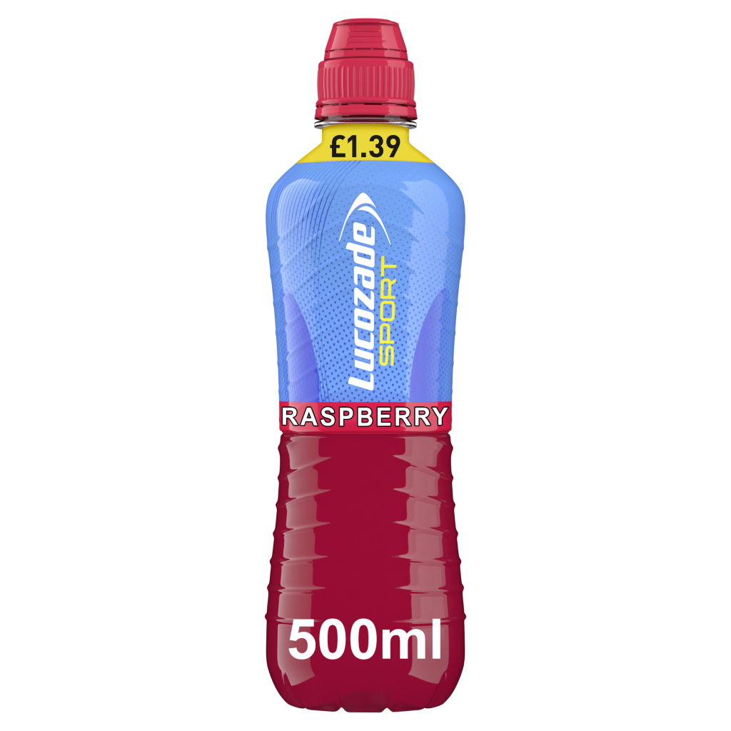 Plastic bottle of Lucozade Sport Raspberry, 500ml, with a pink label and blue cap, on a white background.