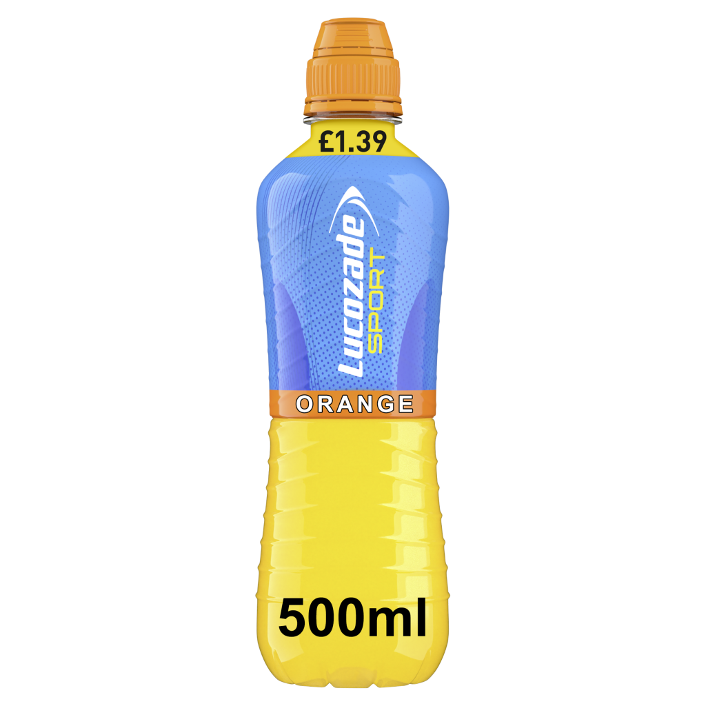 Bottle of Lucozade Orange Sport, 500ml, with an orange label and blue cap, featuring the Lucozade logo and hydration benefits.