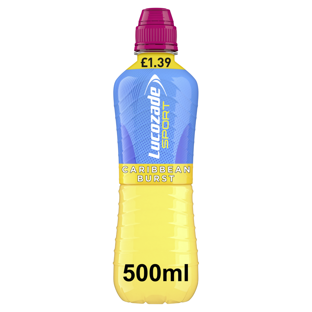 Bottle of Lucozade Sport Caribbean Burst, 500ml, with a yellow cap and blue label featuring tropical fruit graphics.