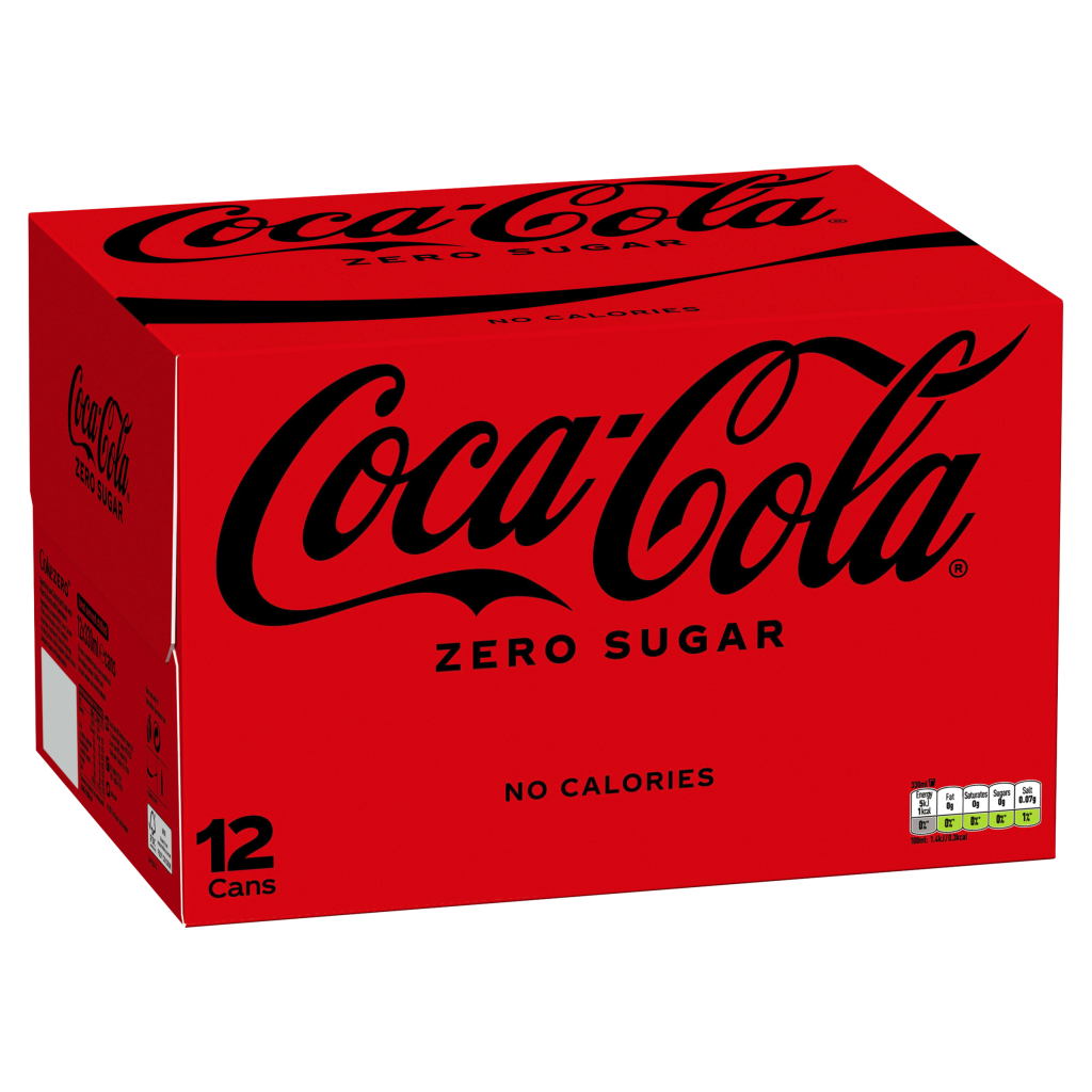 A 12-pack of Coke Zero, each can containing 330ml, with a black and red design, placed on a white background.