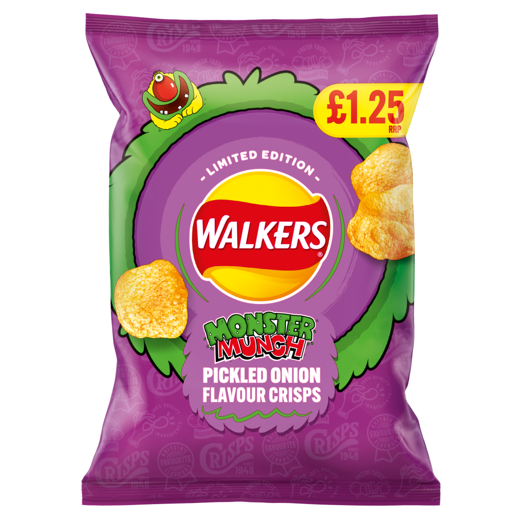 A 65g packet of Walkers Mash Ups crisps, featuring pickled onion flavour, with a vibrant purple and green design on the packaging.