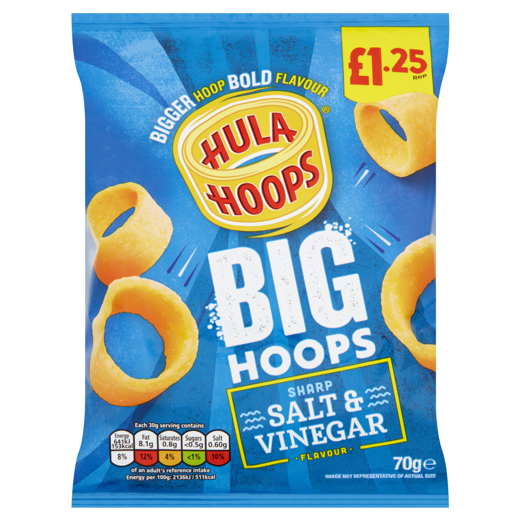 Bag of Big Hoops Salt & Vinegar crisps, 70g, with a blue and green design featuring the Big Hoops logo on the front.