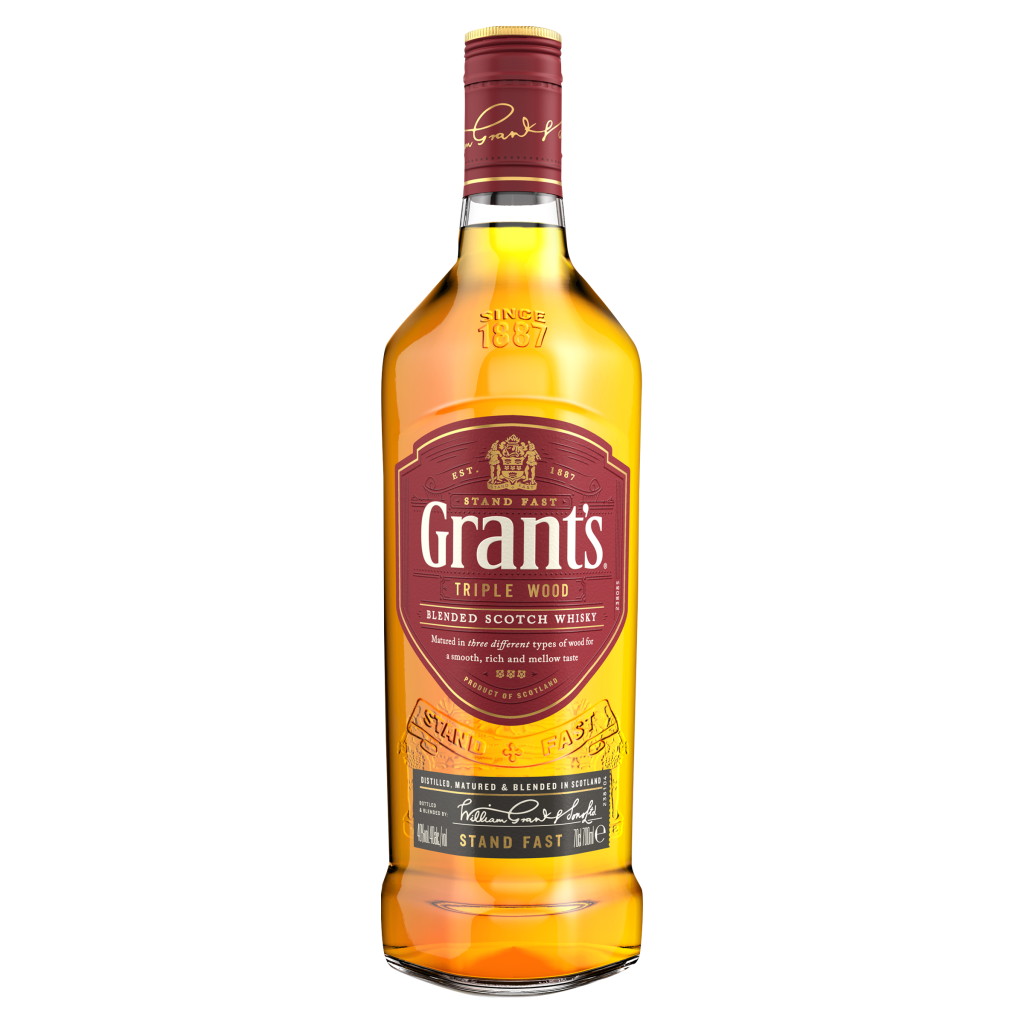 Bottle of Grant's Triple Wood Blended Scotch Whisky, 70cl, with a gold label, red cap, and signature logo.