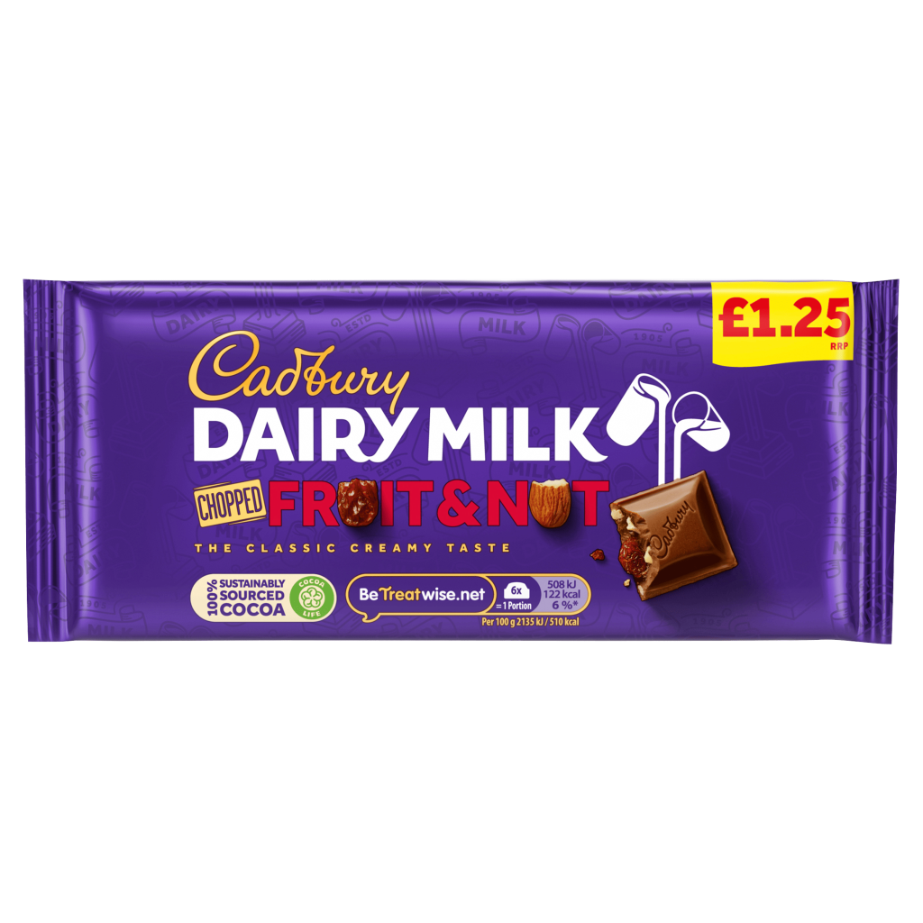 A 95g Cadbury Dairy Milk Fruit & Nut chocolate bar, purple packaging with images of nuts and raisins on the wrapper.