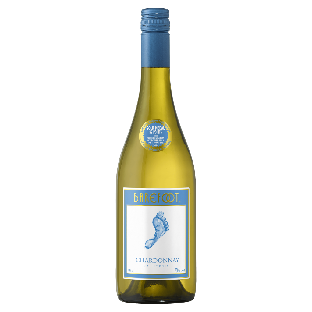 A 75cl bottle of Barefoot Chardonnay wine with a gold screw cap and a label featuring a blue foot print logo.