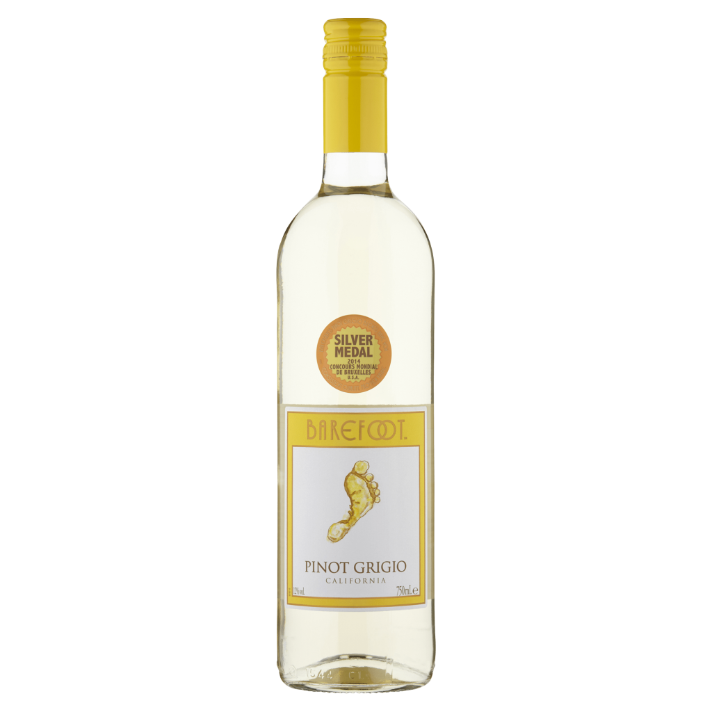 A 75cl bottle of Barefoot Pinot Grigio wine with a white label and a blue foil top, featuring a large footprint logo.