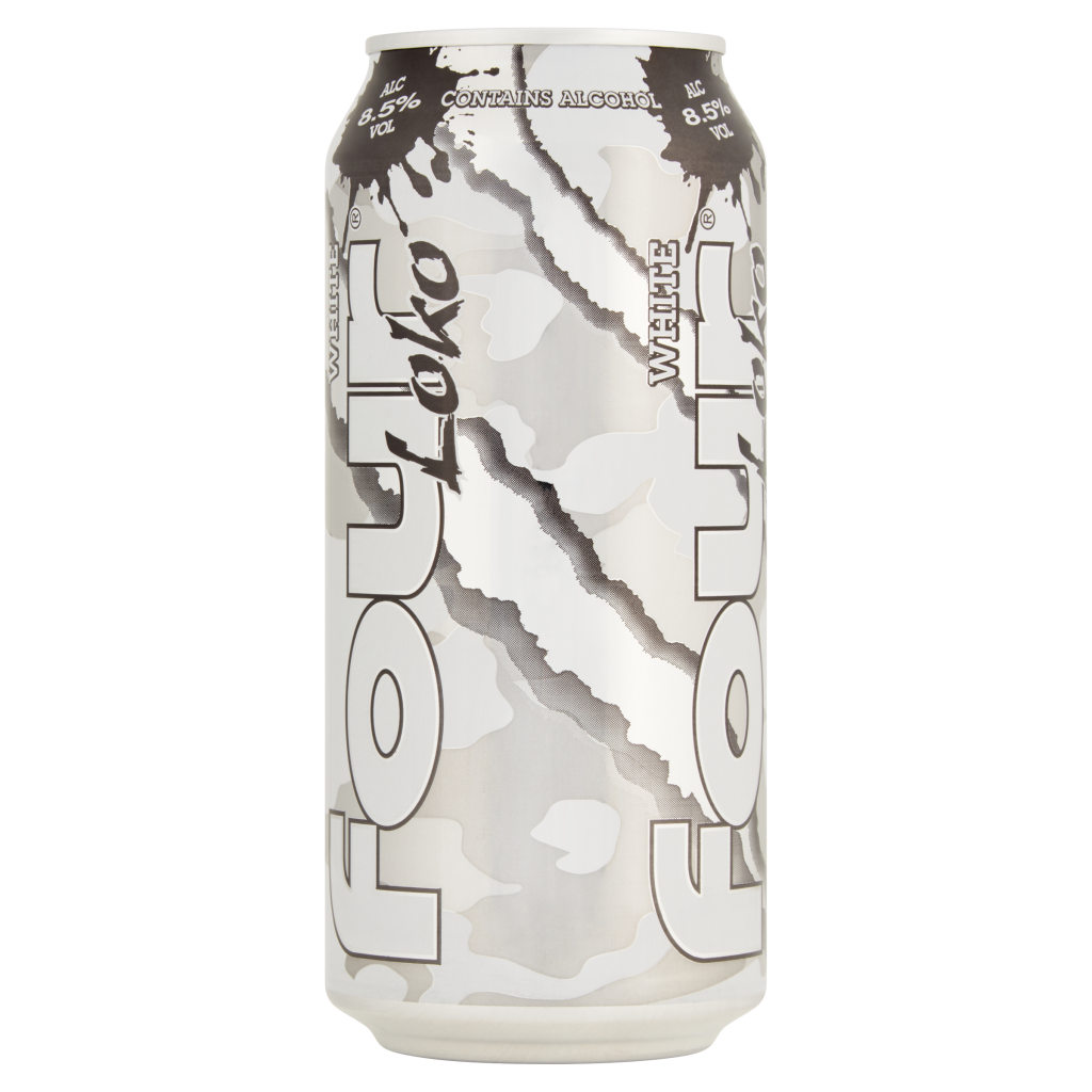 Tall can of Four Loko White, 440ml, featuring a white camouflage pattern with the Four Loko logo in bold black letters.