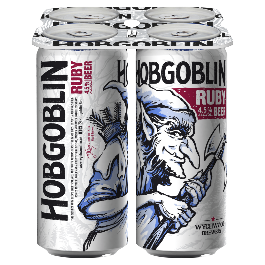 Four cans of Hobgoblin Ruby beer, featuring a goblin illustration and branding from Wychwood Brewery.