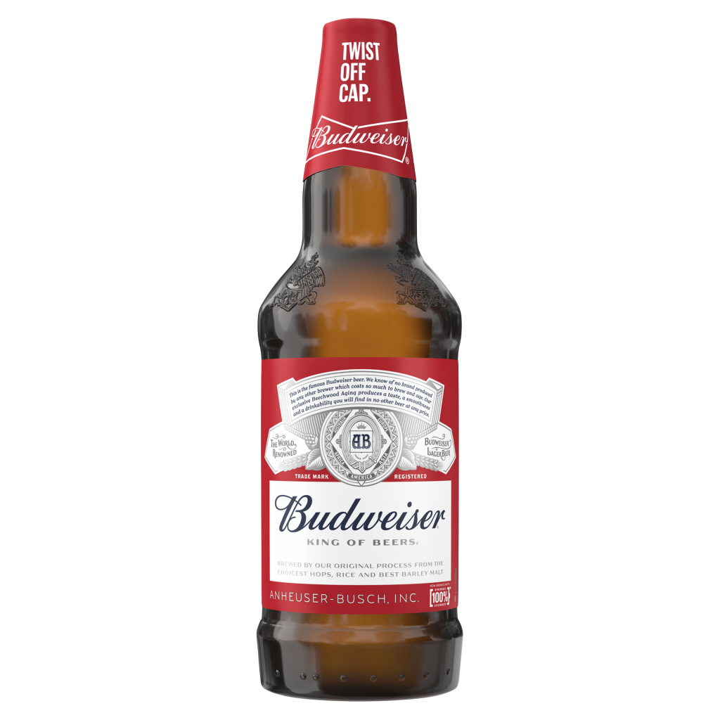 A 660ml bottle of Budweiser lager with red and white label, silver cap, and the Budweiser logo in the centre.