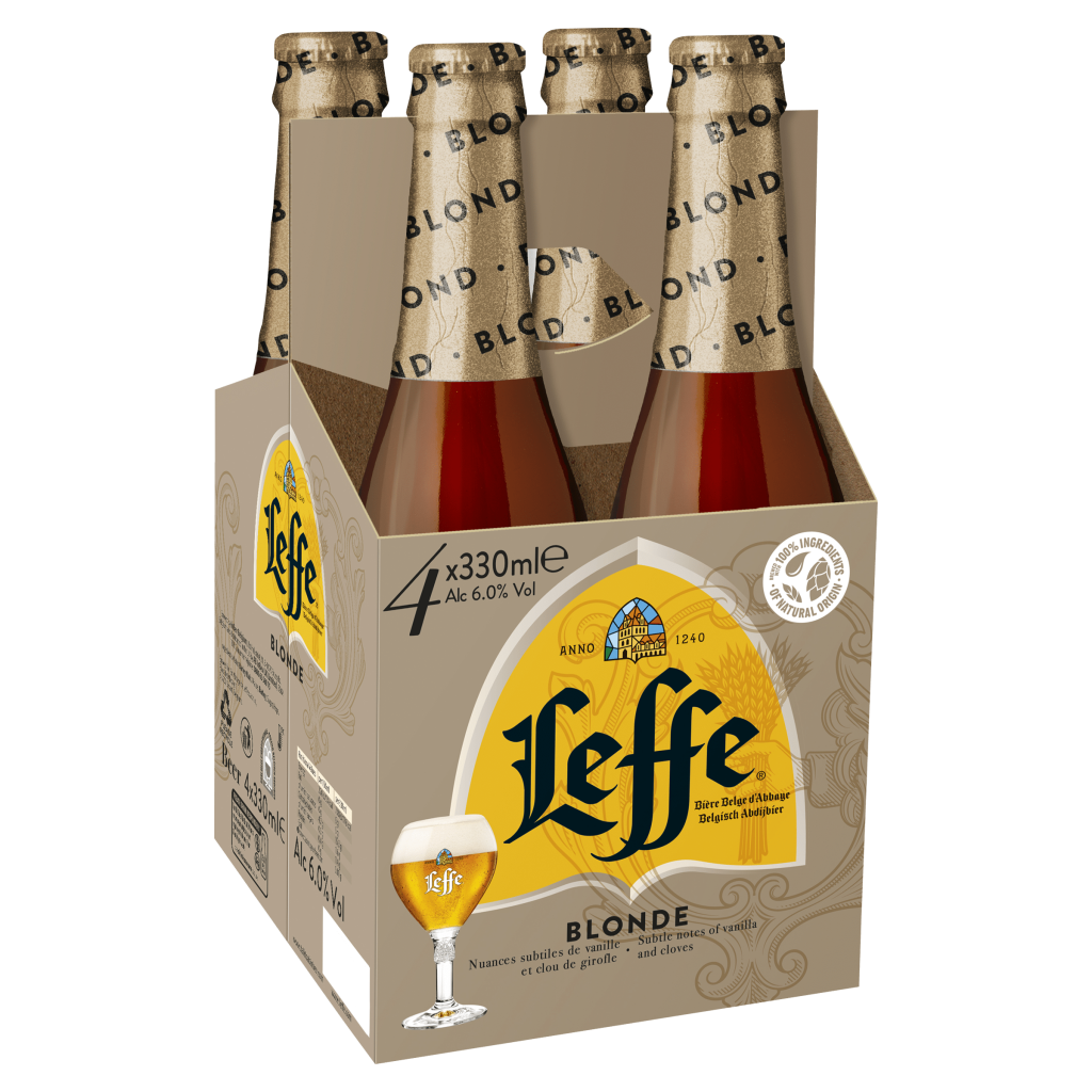 Four 330ml bottles of Leffe Blonde beer with golden labels and caps, arranged in a cardboard carrier.