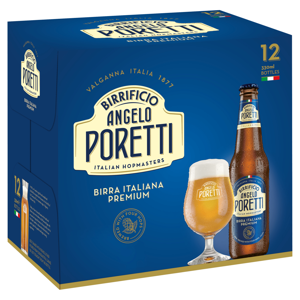 A pack of 12 bottles of Angelo Poretti Italian beer, featuring a glass of beer and a bottle on the box.