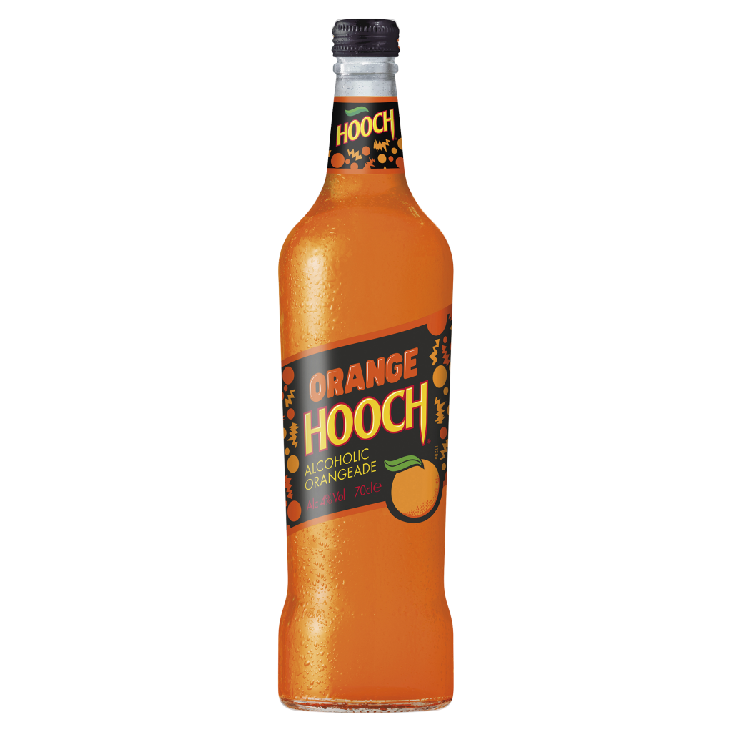 A 70cl bottle of Hooch Orange, a citrus-flavoured alcoholic drink, with a bright orange label and a black screw cap.