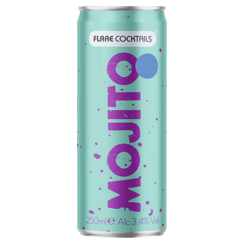 A 250ml can of Flare Mojito, featuring a green design with mint leaves and lime slices, against a white background.