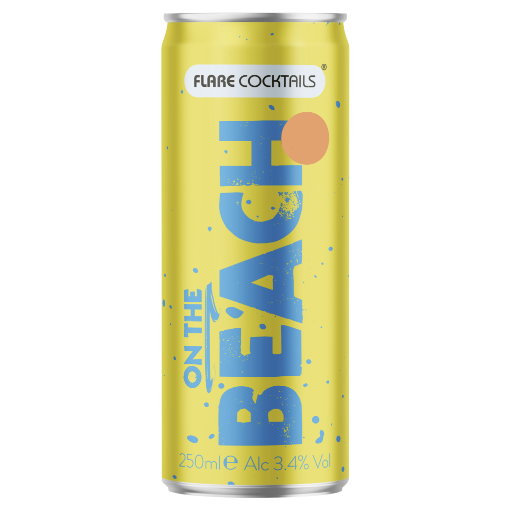 A 250ml bottle of Flare ON THE BEACH, a fruity beverage. The label features a beach scene with palm trees and a sunset.