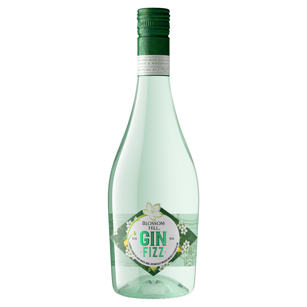Bottle of Blossom Hill Gin Fizz, Lemons & Rosemary flavour, 75cl. White label with green and yellow accents, clear glass.