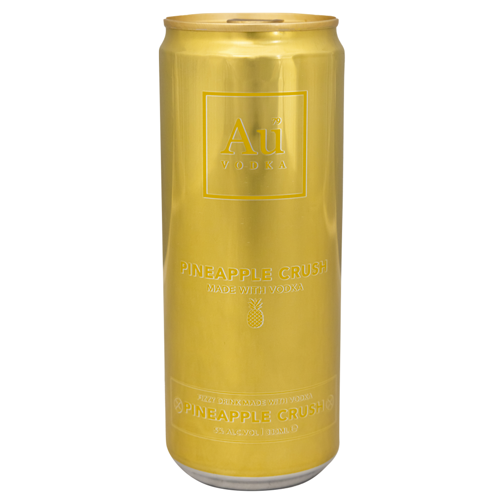 Aluminium can of AU Pineapple flavoured drink, 330ml, with a yellow and green design featuring a pineapple graphic.