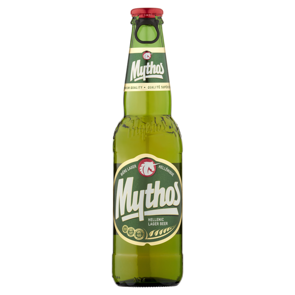 A 500ml green bottle of Mythos Greek Lager with a gold and green label featuring the Mythos logo and a red cap.