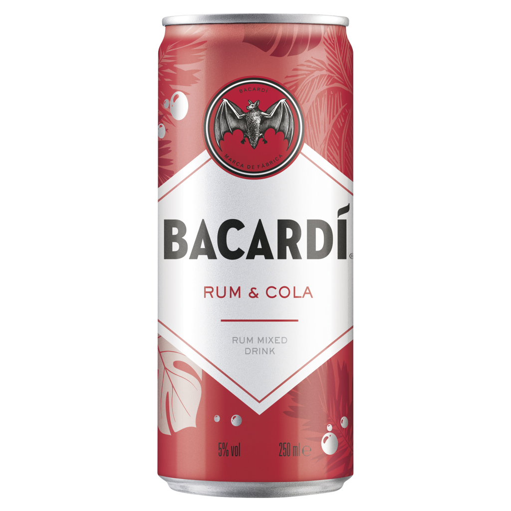 Image of a 250ml Bacardi & Cola can with a black and red design, featuring the Bacardi bat logo prominently.