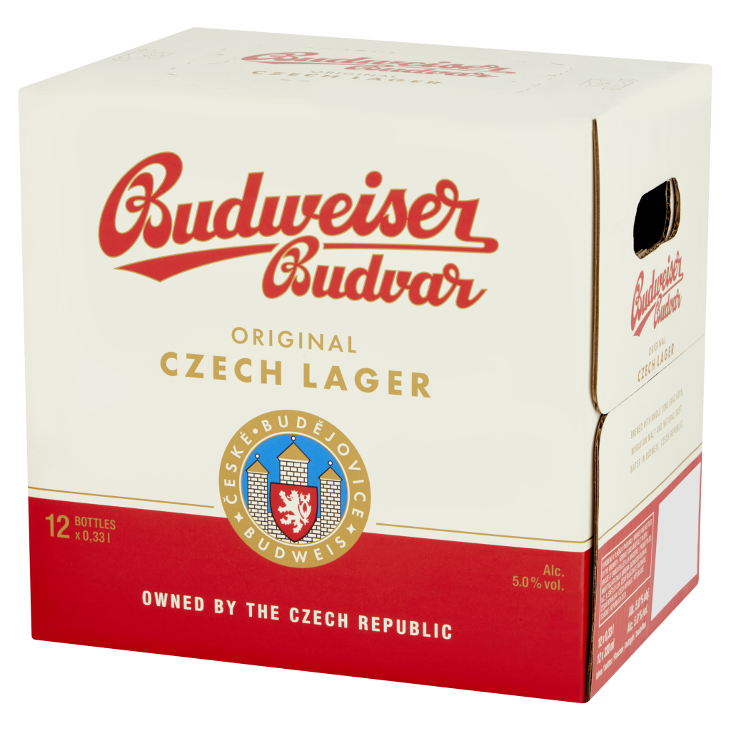 Box of 12 Budweiser Budvar 330ml beer bottles with red and white labels, featuring the Budvar logo and gold accents.